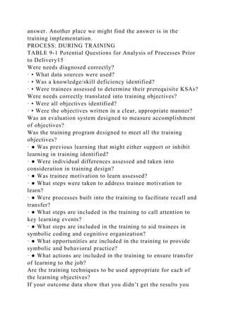 answer. Another place we might find the answer is in the
training implementation.
PROCESS: DURING TRAINING
TABLE 9-1 Potential Questions for Analysis of Processes Prior
to Delivery15
Were needs diagnosed correctly?
· • What data sources were used?
· • Was a knowledge/skill deficiency identified?
· • Were trainees assessed to determine their prerequisite KSAs?
Were needs correctly translated into training objectives?
· • Were all objectives identified?
· • Were the objectives written in a clear, appropriate manner?
Was an evaluation system designed to measure accomplishment
of objectives?
Was the training program designed to meet all the training
objectives?
· ● Was previous learning that might either support or inhibit
learning in training identified?
· ● Were individual differences assessed and taken into
consideration in training design?
· ● Was trainee motivation to learn assessed?
· ● What steps were taken to address trainee motivation to
learn?
· ● Were processes built into the training to facilitate recall and
transfer?
· ● What steps are included in the training to call attention to
key learning events?
· ● What steps are included in the training to aid trainees in
symbolic coding and cognitive organization?
· ● What opportunities are included in the training to provide
symbolic and behavioral practice?
· ● What actions are included in the training to ensure transfer
of learning to the job?
Are the training techniques to be used appropriate for each of
the learning objectives?
If your outcome data show that you didn’t get the results you
 