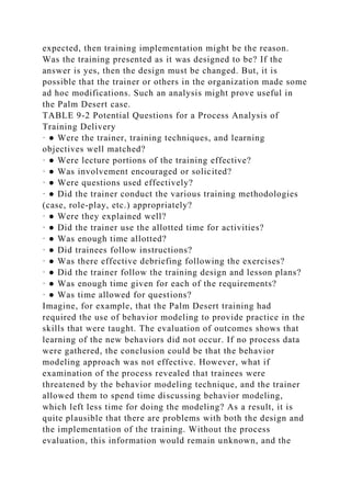 expected, then training implementation might be the reason.
Was the training presented as it was designed to be? If the
answer is yes, then the design must be changed. But, it is
possible that the trainer or others in the organization made some
ad hoc modifications. Such an analysis might prove useful in
the Palm Desert case.
TABLE 9-2 Potential Questions for a Process Analysis of
Training Delivery
· ● Were the trainer, training techniques, and learning
objectives well matched?
· ● Were lecture portions of the training effective?
· ● Was involvement encouraged or solicited?
· ● Were questions used effectively?
· ● Did the trainer conduct the various training methodologies
(case, role-play, etc.) appropriately?
· ● Were they explained well?
· ● Did the trainer use the allotted time for activities?
· ● Was enough time allotted?
· ● Did trainees follow instructions?
· ● Was there effective debriefing following the exercises?
· ● Did the trainer follow the training design and lesson plans?
· ● Was enough time given for each of the requirements?
· ● Was time allowed for questions?
Imagine, for example, that the Palm Desert training had
required the use of behavior modeling to provide practice in the
skills that were taught. The evaluation of outcomes shows that
learning of the new behaviors did not occur. If no process data
were gathered, the conclusion could be that the behavior
modeling approach was not effective. However, what if
examination of the process revealed that trainees were
threatened by the behavior modeling technique, and the trainer
allowed them to spend time discussing behavior modeling,
which left less time for doing the modeling? As a result, it is
quite plausible that there are problems with both the design and
the implementation of the training. Without the process
evaluation, this information would remain unknown, and the
 