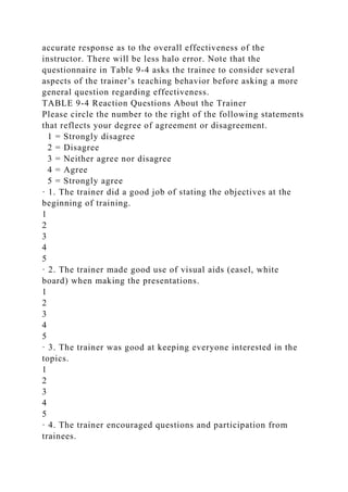 accurate response as to the overall effectiveness of the
instructor. There will be less halo error. Note that the
questionnaire in Table 9-4 asks the trainee to consider several
aspects of the trainer’s teaching behavior before asking a more
general question regarding effectiveness.
TABLE 9-4 Reaction Questions About the Trainer
Please circle the number to the right of the following statements
that reflects your degree of agreement or disagreement.
1 = Strongly disagree
2 = Disagree
3 = Neither agree nor disagree
4 = Agree
5 = Strongly agree
· 1. The trainer did a good job of stating the objectives at the
beginning of training.
1
2
3
4
5
· 2. The trainer made good use of visual aids (easel, white
board) when making the presentations.
1
2
3
4
5
· 3. The trainer was good at keeping everyone interested in the
topics.
1
2
3
4
5
· 4. The trainer encouraged questions and participation from
trainees.
 