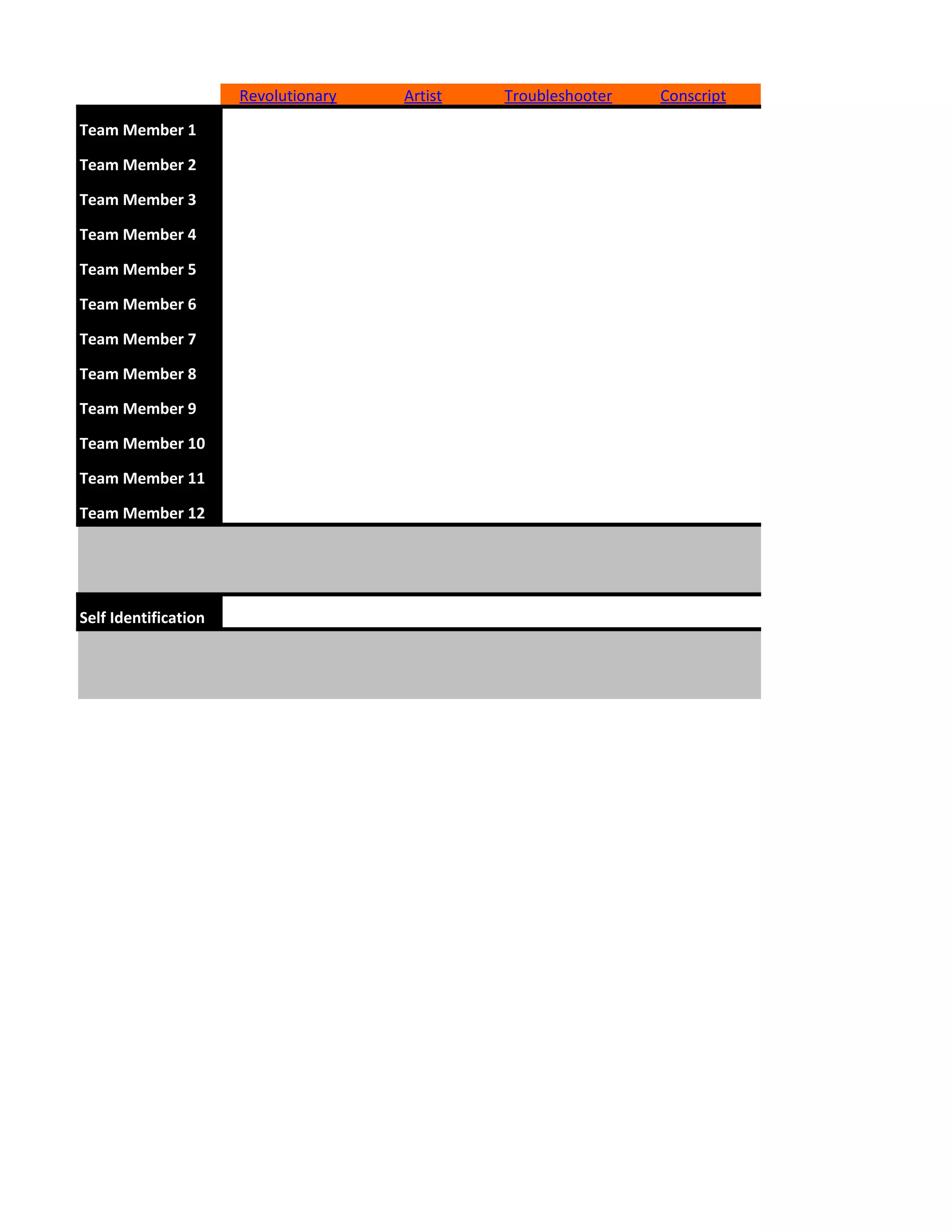 Revolutionary Artist Troubleshooter Conscript
Team Member 1
Team Member 2
Team Member 3
Team Member 4
Team Member 5
Team Member 6
Team Member 7
Team Member 8
Team Member 9
Team Member 10
Team Member 11
Team Member 12
Self Identification