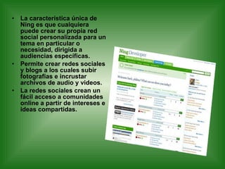 La característica única de Ning es que cualquiera puede crear su propia red social personalizada para un tema en particular o necesidad, dirigida a audiencias específicas. Permite crear redes sociales y blogs a los cuales subir fotografías e incrustar archivos de audio y videos.  La redes sociales crean un fácil acceso a comunidades online a partir de intereses e ideas compartidas. 