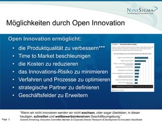 Möglichkeiten durch Open Innovation

    Open Innovation ermöglicht:
         •   die Produktqualität zu verbessern***
         •   Time to Market beschleunigen
         •   die Kosten zu reduzieren
         •   das Innovations-Risiko zu minimieren
         •   Verfahren und Prozesse zu optimieren
         •   strategische Partner zu definieren
         •   Geschäftsfelder zu Erweitern


             “Wenn wir nicht innovieren werden wir nicht wachsen, oder sogar überleben, in dieser
             heutigen, schnellen und wettbewerbsintensiven Geschäftsumgebung.”
Page 3       Graeme Armstrong, Executive Committee Member & Corporate Director Research & Development & Innovation AkzoNobel
 