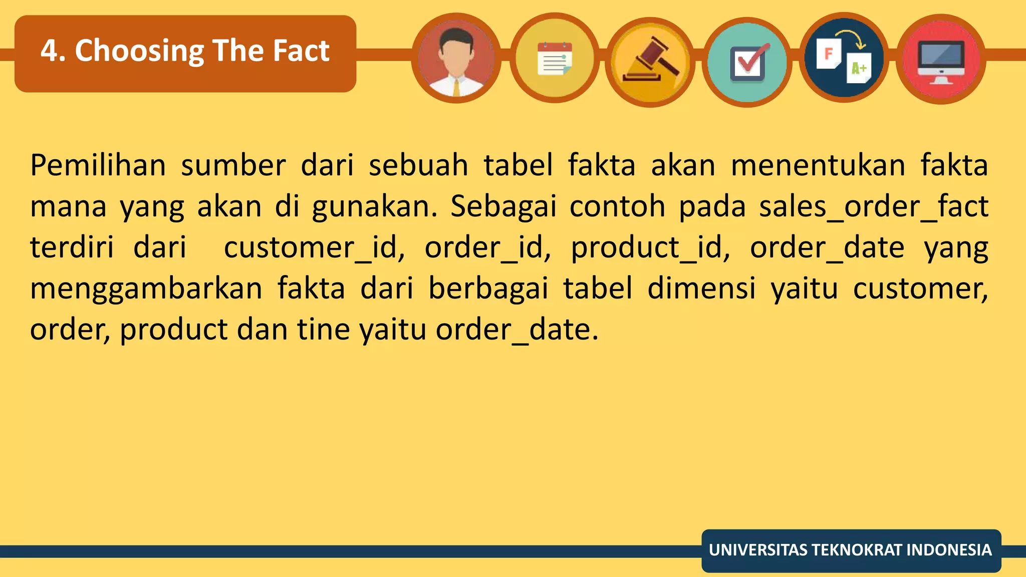 4. Choosing The Fact
Pemilihan sumber dari sebuah tabel fakta akan menentukan fakta
mana yang akan di gunakan. Sebagai contoh pada sales_order_fact
terdiri dari customer_id, order_id, product_id, order_date yang
menggambarkan fakta dari berbagai tabel dimensi yaitu customer,
order, product dan tine yaitu order_date.
UNIVERSITAS TEKNOKRAT INDONESIA
 