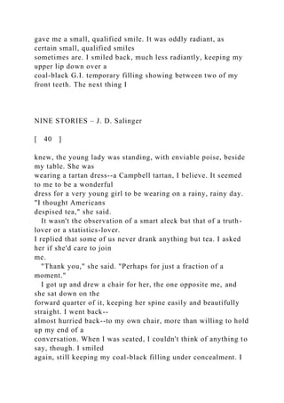 gave me a small, qualified smile. It was oddly radiant, as
certain small, qualified smiles
sometimes are. I smiled back, much less radiantly, keeping my
upper lip down over a
coal-black G.I. temporary filling showing between two of my
front teeth. The next thing I
NINE STORIES – J. D. Salinger
[ 40 ]
knew, the young lady was standing, with enviable poise, beside
my table. She was
wearing a tartan dress--a Campbell tartan, I believe. It seemed
to me to be a wonderful
dress for a very young girl to be wearing on a rainy, rainy day.
"I thought Americans
despised tea," she said.
It wasn't the observation of a smart aleck but that of a truth-
lover or a statistics-lover.
I replied that some of us never drank anything but tea. I asked
her if she'd care to join
me.
"Thank you," she said. "Perhaps for just a fraction of a
moment."
I got up and drew a chair for her, the one opposite me, and
she sat down on the
forward quarter of it, keeping her spine easily and beautifully
straight. I went back--
almost hurried back--to my own chair, more than willing to hold
up my end of a
conversation. When I was seated, I couldn't think of anything to
say, though. I smiled
again, still keeping my coal-black filling under concealment. I
 