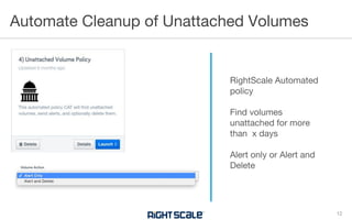 Automate Cleanup of Unattached Volumes
12
RightScale Automated
policy
Find volumes
unattached for more
than x days
Alert only or Alert and
Delete
 