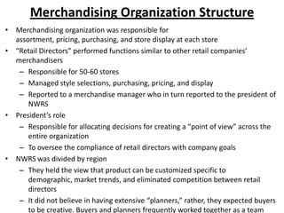 Merchandising Organization Structure
• Merchandising organization was responsible for
assortment, pricing, purchasing, and store display at each store
• “Retail Directors” performed functions similar to other retail companies’
merchandisers
– Responsible for 50-60 stores
– Managed style selections, purchasing, pricing, and display
– Reported to a merchandise manager who in turn reported to the president of
NWRS
• President’s role
– Responsible for allocating decisions for creating a “point of view” across the
entire organization
– To oversee the compliance of retail directors with company goals
• NWRS was divided by region
– They held the view that product can be customized specific to
demographic, market trends, and eliminated competition between retail
directors
– It did not believe in having extensive “planners,” rather, they expected buyers
to be creative. Buyers and planners frequently worked together as a team

 
