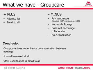 What we have - Groupcare + PLUS Address list Email to all - MINUS Payment mode (Counted 4 VIP members on13.09) Not much Storage Does not encourage collaboration No customisation Conclusio: Groupcare does not enhance communication between meetings It is seldom used at all Most used feature is email to all