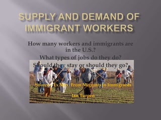 Supply and Demand of Immigrant Workers How many workers and immigrants are in the U.S.? What types of jobs do they do? Should they stay or should they go? Source – Ex Mex. From Migrants to Immigrants Ian Turpen 