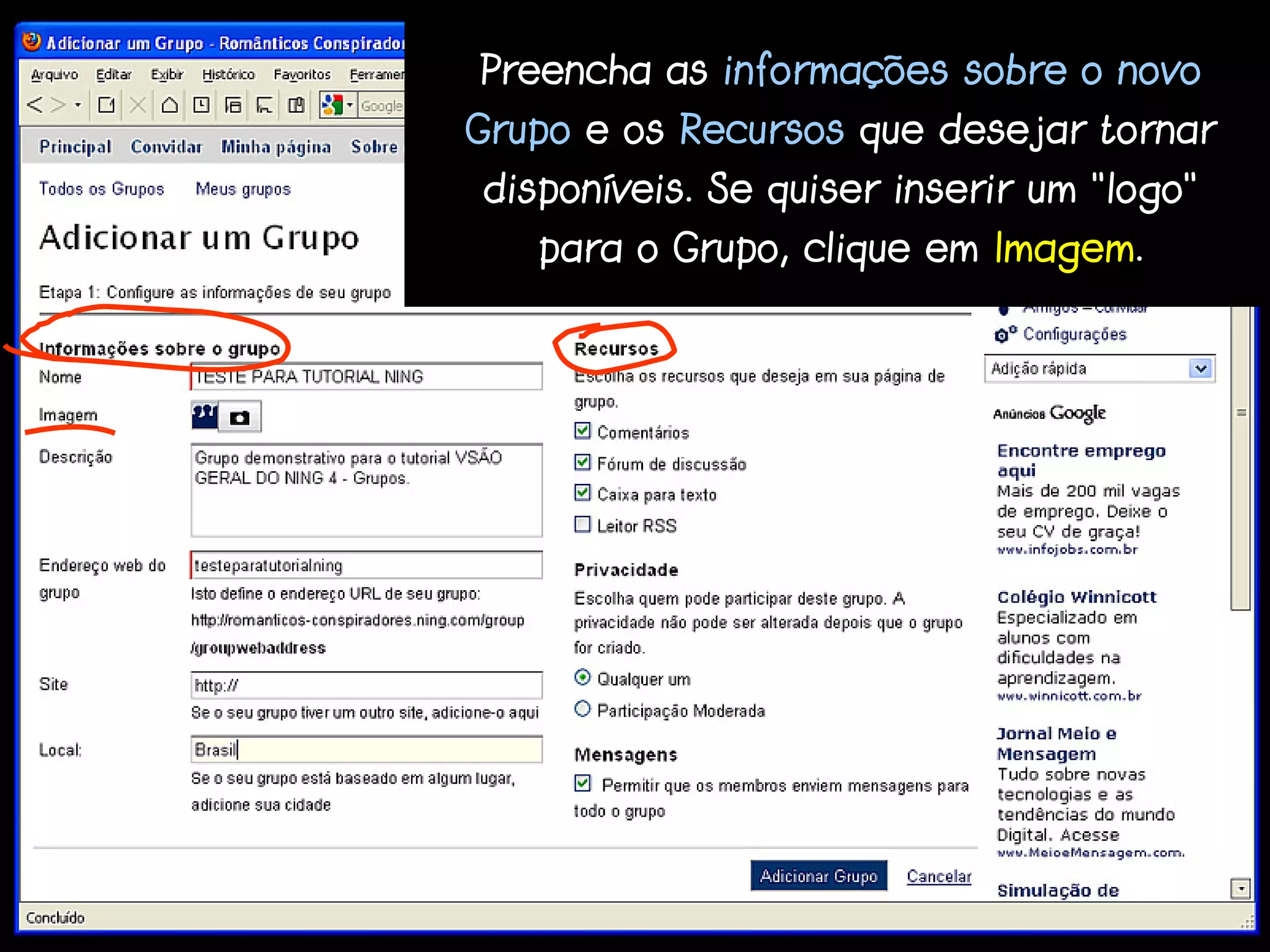 Preencha as informações sobre o novo
Grupo e os Recursos que desejar tornar
disponíveis. Se quiser inserir um “logo”
   para o Grupo, clique em Imagem.
 