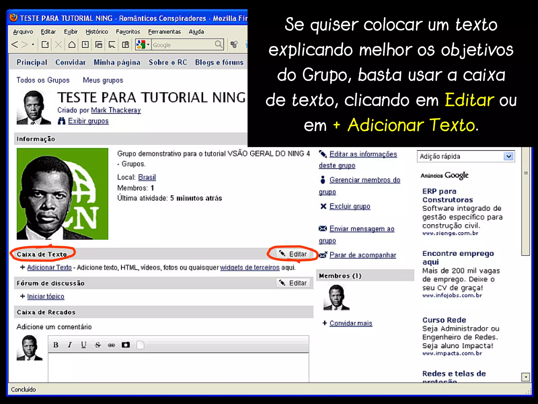 Se quiser colocar um texto
explicando melhor os objetivos
 do Grupo, basta usar a caixa
de texto, clicando em Editar ou
    em + Adicionar Texto.
 