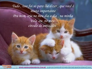 Tudo , isso foi só para lhe dizer , que você é
              muito importante
Pra mim, seja no meu dia a dia , na minha
              vida ,ou no meu
            circulo de amizades .
 