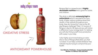 Ningxia Red is a powerhouse of highly
absorbable nutrition that is great for adults
and children.
This drink is definitely extremely high in
antioxidants which is wonderful for your
body. It helps reduce oxidative stress that
results in free radicals throughout your
body. How do I know this? Just try the 30
day Ningxia challenge? Take 1-2 ounces of
Ningxia a day for 30 days and you will notice
a difference in your energy level. I'm betting
you will also find yourself more productive
with a pep in your step.
I also highly recommend taking an extra
shot or two of Ningxia Red when you feel
run-down. It can help combat whatever free
radicals may be trying to compromise your
health.
Cara Matocha, Distributor - Young Living Essential Oils
Member # 3108933 / 832.326.6467
 