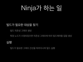 Ninja가 하는 일
빌드가 필요한 대상을 찾기
빌드 의존성 그래프 생성
특정 노드가 수정되었으면 의존성 그래프에 따라 빌드해야할 집합 생성
실행
빌드가 필요한 그래프 간선을 따라다니며 빌드 실행
 