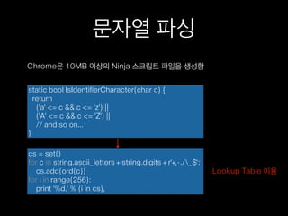 문자열 파싱
Chrome은 10MB 이상의 Ninja 스크립트 파일을 생성함
static bool IsIdentifierCharacter(char c) {
return
('a' <= c && c <= 'z') ||
('A' <= c && c <= 'Z') ||
// and so on...
}
cs = set()
for c in string.ascii_letters + string.digits + r'+,-./_$':
cs.add(ord(c))
for i in range(256):
print '%d,' % (i in cs),
Lookup Table 이용
 