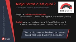 WordPress+NinjaForms-améliorersaconversion
MeetupWordPress–Rennes–15/11/2016
Plugin de création de formulaires
La concurre...