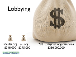 Lobbying                                忍
                                          術


secular.org au.org   200+ religious organizations
 $348,000 $375,000         $350,000,000
 