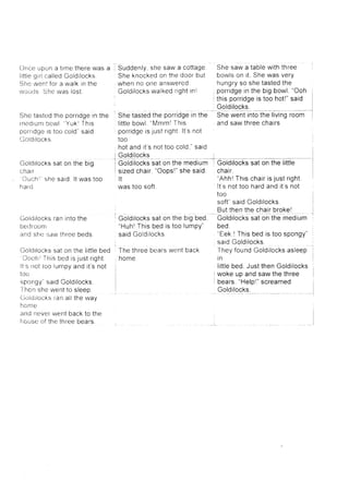 Orrceupuna trrnetherewas a
l i t t l eg r r lc a l l e dG o l d i l o c k s
Shewentfora walkinthe
i,voodsShewas lost.
Shetastr:dtheporridgein the
r n e d r u mb o w l Y u k lT h r s
n o r r i c l n r 'r s l n ( ) c n l d s a i d
0otdrloct<s
Oolcjrlockssaton the big
c h a r r
CLichl'shesaid lt wastoo
narct
Coidilocksranintothe
De(lIoorll
andshc sawihreebeds.
(iolclrlockssalon the littlebed
CoohtThisbedisjustright.
li i; nottoolumpyand it'snot
too
spongy"saidGoldilocks.
i henshewentto sleep
G(ildrlocksranalltheway
horle
arrdneverwentbackto the
lror-rscof ihe threebears
Suddenly,shesawa cottage
Sheknockedon thedoorbut
whenno oneanswered
Goldilockswalkedrighttnl
Goldilockssatonthebigbed.
"HuhlThisbedistoolumpv"
saidGoldilocks
Shesawa tablewiththree
bowlson it.Shewasvery
hungrysoshetastedthe
porridgeinthebigbowl."Ooh
thisporridgeistoohot!"said
Goldilocks.
Shewentintotfrl twlngroom
andsawthreechairs
-t
Shetastedtheporridgeinthe
littlebowl."Mmm!I his
porridgeislustrtghtlts not
too
hotand rt'snottoocold,"said
Goldilocks
.. _T^ _ r
I CoLolo-xsHionihemeorumlGotoitocG;raonttretittte i
sizedchair."Oops!"shesaid. chair.
It "Ahh!Thischairisjustright
wastoosoft. lt'snottoohardandits not
IOO
soft"saidGoldilocks.
BuJthel thechal1b1-o-ke*!
Goldilockssatonthemedium
Thethreebearswentback
home
bed.
"Eek.!Thisbedis toospongy"
saidGoldilocks.
f heyfoundGoldilocksasleep I
tn
littlebed.JustthenGoldilocks
wokeupandsawthethree
bears."Helol"screamed
Goldilocks.
 