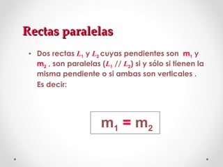 Rectas paralelas <ul><li>Dos rectas  L 1  y  L 2  cuyas pendientes son   m 1   y   m 2  , son paralelas ( L 1   //   L 2 )...