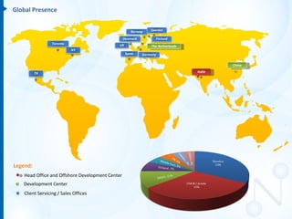 Global Presence


                                                      Norway    Sweden

                                                  Denmark             Finland
                 Toronto                     UK                 The Netherlands
                           NY
                                                   Spain    Germany

                                                                                          China

          TX                                                                      India




Legend:
    Head Office and Offshore Development Center
   Development Center
   Client Servicing / Sales Offices
 
