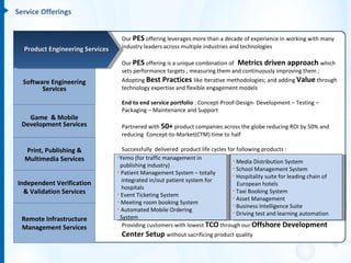 Service Offerings


                                  Our PES offering leverages more than a decade of experience in working with many
  Product Engineering Services    industry leaders across multiple industries and technologies

                                  Our PES offering is a unique combination of Metrics driven approach which
                                  sets performance targets , measuring them and continuously improving them ;
  Software Engineering            Adopting Best Practices like Iterative methodologies; and adding Value through
        Services                  technology expertise and flexible engagement models

                                  End to end service portfolio : Concept-Proof-Design- Development – Testing –
                                  Packaging – Maintenance and Support
   Game & Mobile
 Development Services             Partnered with 50+ product companies across the globe reducing ROI by 50% and
                                  reducing Concept-to-Market(CTM) time to half

  Print, Publishing &              Successfully delivered product life cycles for following products :
  Multimedia Services            •Yemo (for traffic management in
                                                                                • Media Distribution System
                                  publishing industry)
                                                                                • School Management System
                                 • Patient Management System – totally
                                                                                • Hospitality suite for leading chain of
                                   integrated in/out patient system for
Independent Verification                                                          European hotels
                                   hospitals
  & Validation Services          • Event Ticketing System
                                                                                • Taxi Booking System
                                                                                • Asset Management
                                 • Meeting room booking System
                                                                                • Business Intelligence Suite
                                 • Automated Mobile Ordering
                                                                                • Driving test and learning automation
 Remote Infrastructure            System
 Management Services               Providing customers with lowest TCO through our Offshore Development
                                  Center Setup without sacrificing product quality
 