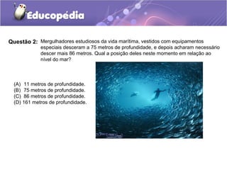 Questão 2: Mergulhadores estudiosos da vida marítima, vestidos com equipamentos
             especiais desceram a 75 metros de profundidade, e depois acharam necessário
             descer mais 86 metros. Qual a posição deles neste momento em relação ao
             nível do mar?



  (A) 11 metros de profundidade.
  (B) 75 metros de profundidade.
  (C) 86 metros de profundidade.
  (D) 161 metros de profundidade.
 