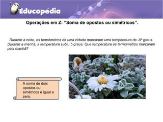 Operações em Z: ”Soma de opostos ou simétricos”.


 Durante a noite, os termômetros de uma cidade marcaram uma temperatura de -5º graus.
Durante a manhã, a temperatura subiu 5 graus. Que temperatura os termômetros marcaram
pela manhã?




        A soma de dois
        opostos ou
        simétricos é igual a
        zero.
 