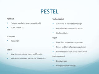 PESTEL
Political                                      Technological

    Enforce regulations on material sold         Advances in online technology
    SOPA and ACTA                                Consoles become media centers

                                                  Hacker attacks
Economic
                                               Legal
    Recession
                                                  User data protection regulations

                                                  Piracy and lack of proper regulation
Social
                                                  Content restriction and classification
    New demographics: older and female.
                                               Environmental
    New niche markets: education and health
                                                  Energy usage

                                                  Composition of devices
 