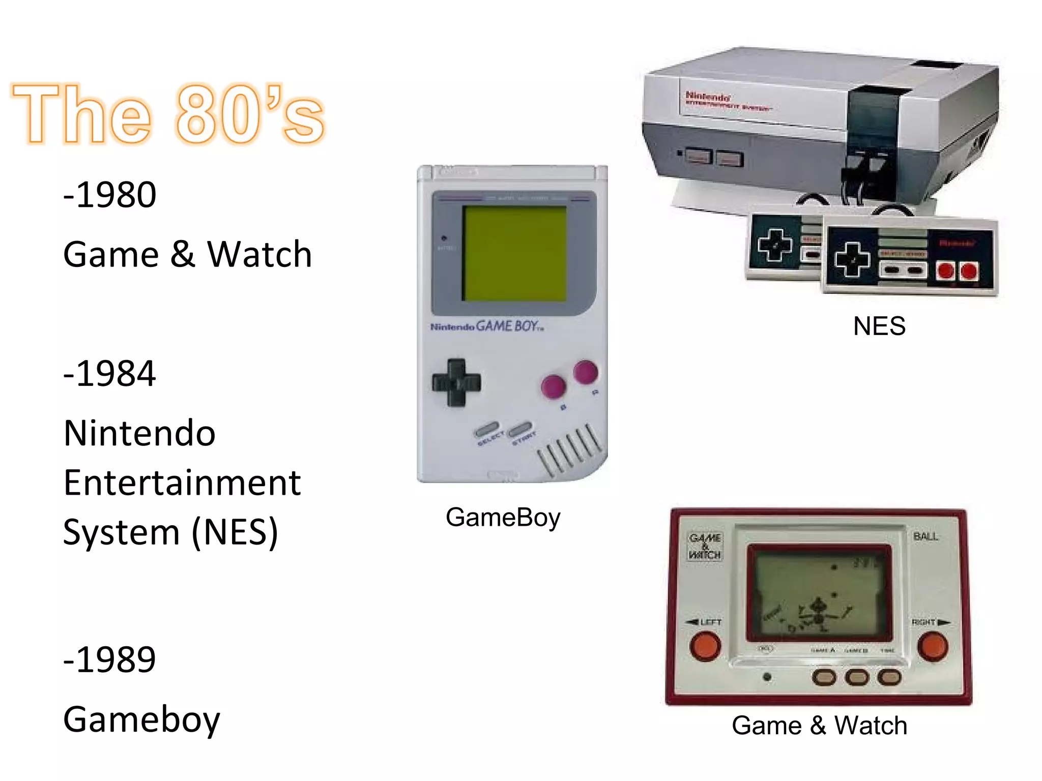 -1980 Game & Watch -1984  Nintendo Entertainment System (NES)  -1989 Gameboy GameBoy Game & Watch NES 
