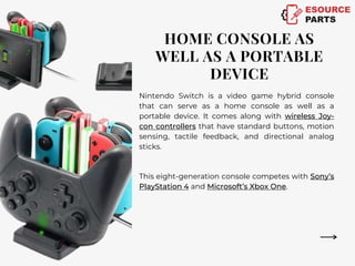 HOME CONSOLE AS
WELL AS A PORTABLE
DEVICE
This eight-generation console competes with Sony’s
PlayStation 4 and Microsoft’s Xbox One.
Nintendo Switch is a video game hybrid console
that can serve as a home console as well as a
portable device. It comes along with wireless Joy-
con controllers that have standard buttons, motion
sensing, tactile feedback, and directional analog
sticks.
 