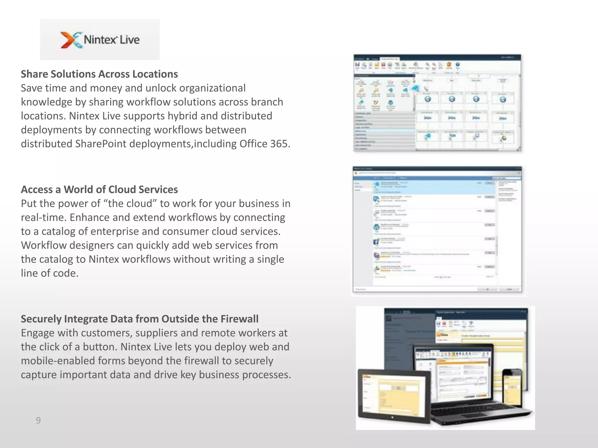 Share Solutions Across Locations
Save time and money and unlock organizational
knowledge by sharing workflow solutions across branch
locations. Nintex Live supports hybrid and distributed
deployments by connecting workflows between
distributed SharePoint deployments,including Office 365.

Access a World of Cloud Services
Put the power of “the cloud” to work for your business in
real-time. Enhance and extend workflows by connecting
to a catalog of enterprise and consumer cloud services.
Workflow designers can quickly add web services from
the catalog to Nintex workflows without writing a single
line of code.

Securely Integrate Data from Outside the Firewall
Engage with customers, suppliers and remote workers at
the click of a button. Nintex Live lets you deploy web and
mobile-enabled forms beyond the firewall to securely
capture important data and drive key business processes.

9

 