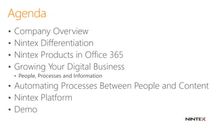 Agenda
• Company Overview
• Nintex Differentiation
• Nintex Products in Office 365
• Growing Your Digital Business
• Peopl...