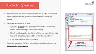 • Webinar content will last for 50 minutes followed by Q&A session which
we will try to address key questions or we will follow up after the
webinar.
• If you have a question or an issue:
o Type your question in the question window of the GoToWebinar
control panel on the right side of your desktop
o We will sort through the questions real time and present those most
frequently asked to our panel at the end of the presentation
o If you have any issue, click on the hand
• If you have a question that does not get addressed, please contact me:
AlexV@Netwoven.com
How to Ask Questions
 
