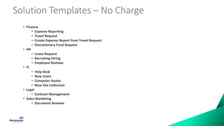 Solution Templates – No Charge
• Finance
• Expense Reporting
• Travel Request
• Create Expense Report from Travel Request
• Discretionary Fund Request
• HR
• Leave Request
• Recruiting Hiring
• Employee Reviews
• IT
• Help Desk
• New Users
• Computer Assets
• New Site Collection
• Legal
• Contract Management
• Sales-Marketing
• Document Reviews
 