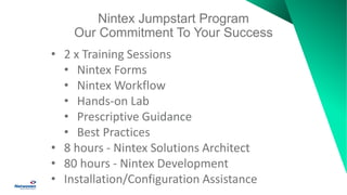 Nintex Jumpstart Program
Our Commitment To Your Success
• 2 x Training Sessions
• Nintex Forms
• Nintex Workflow
• Hands-on Lab
• Prescriptive Guidance
• Best Practices
• 8 hours - Nintex Solutions Architect
• 80 hours - Nintex Development
• Installation/Configuration Assistance
 