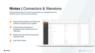 Nintex | Connectors & Xtensions
Extract additional value out of your business systems by integrating them into
workflows as part of your process automation
Drag-and-drop existing connector into
canvas to connect to your system
Connect every tool that your
employees and customers use via
Xtensions
Break down app silos and maximize
business value
Fast time-to-value
 