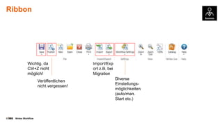 Ribbon

Wichtig, da
Ctrl+Z nicht
möglich!
Veröffentlichen
nicht vergessen!

©

Nintex Workflow

Import/Exp
ort z.B. bei
Migration
Diverse
Einstellungsmöglichkeiten
(auto/man.
Start etc.)

 