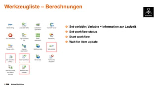Werkzeugliste – Berechnungen

Set variable: Variable = Information zur Laufzeit
Set workflow status

Start workflow
Wait for item update

©

Nintex Workflow

 