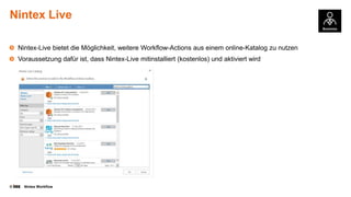 Nintex Live
Nintex-Live bietet die Möglichkeit, weitere Workflow-Actions aus einem online-Katalog zu nutzen
Voraussetzung dafür ist, dass Nintex-Live mitinstalliert (kostenlos) und aktiviert wird

©

Nintex Workflow

 