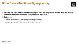 Show Case - Kreditbewilligungsantrag

Szenario: Bei einer Bank werden Kreditanträge in eine Liste eingetragen. Je nach Höhe des Betrags
muss eine vorgesetzte Stelle den Antrag bewilligen oder nicht.
Es braucht:
○ 1x Liste in welche die Kreditanträge eingetragen werden
○ Nintex Workflow auf CA und entsprechender Site aktiviert

©

Nintex Workflow

 