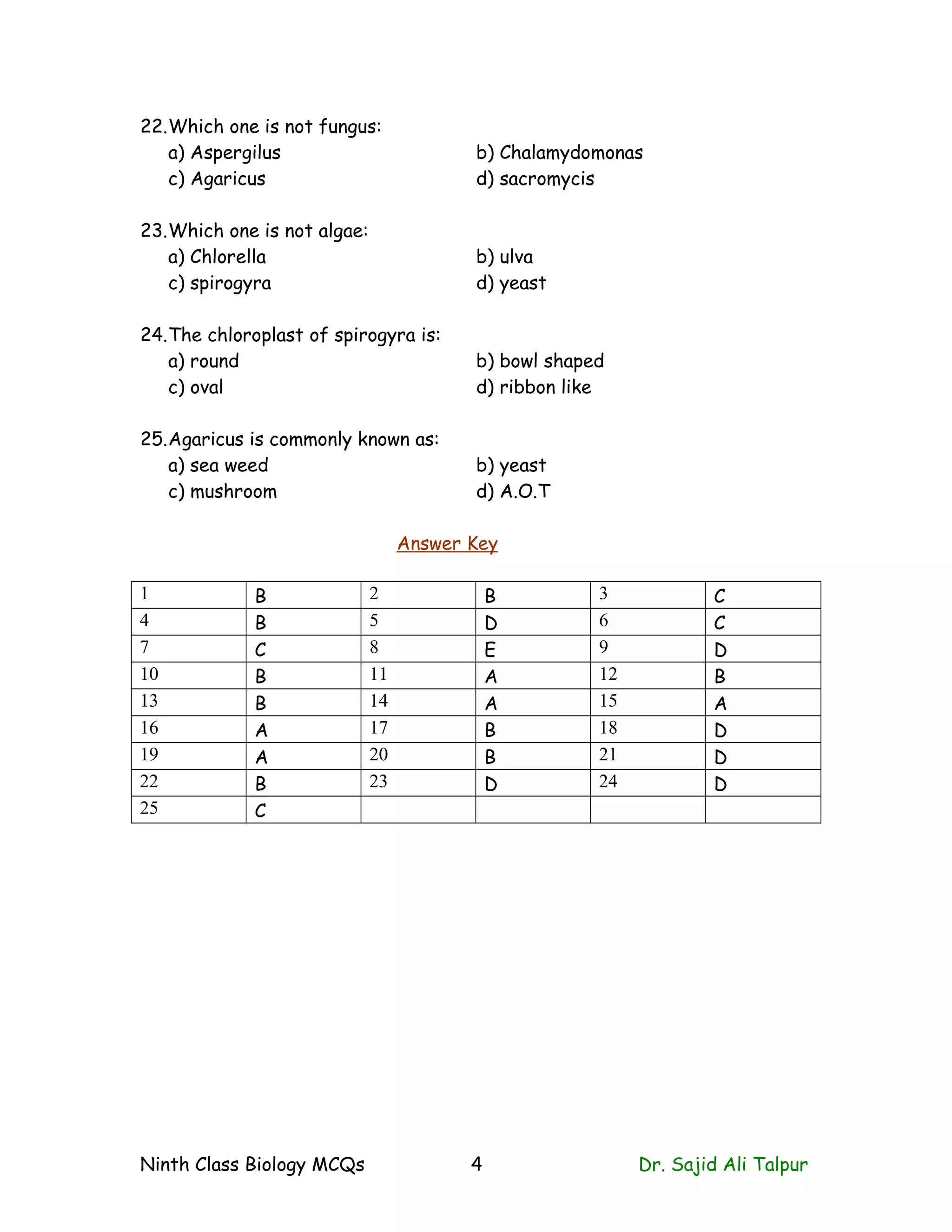 Ninth class biology mcqs ( fungi and algae) | DOC