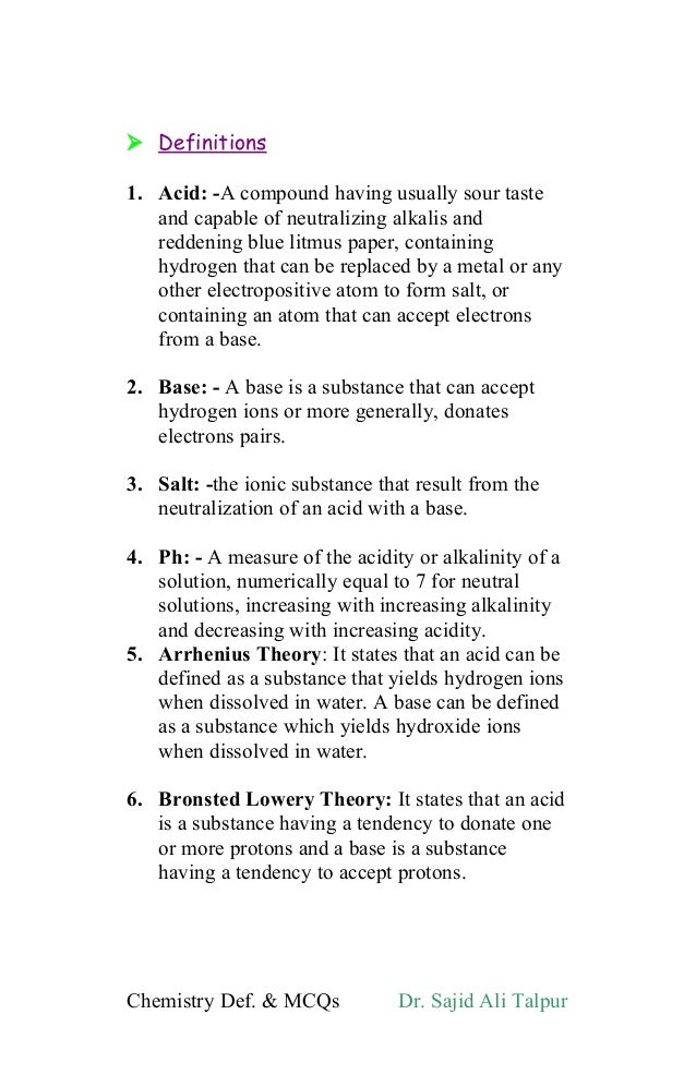 definitions and mcqs of ninth class chemistry acids bases and salts acid definitions