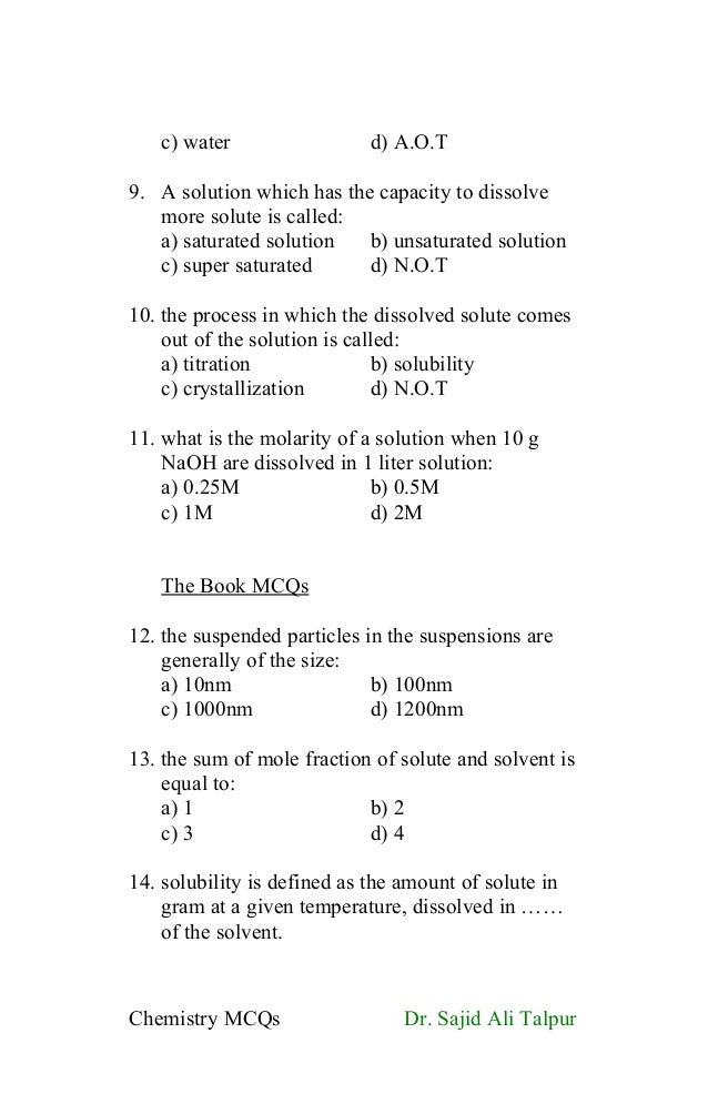 Definitions and MCQs of Ninth class chemistry (solution and suspensio…