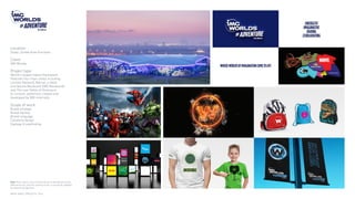 NINTH SPACE | PROJECTS | 2016
Location:
Dubai, United Arab Emirates.
Client:
IMG Worlds.
Project type:
World’s largest indoor themepark.
Features four main zones including
Cartoon Network, Marvel, a retail
and leisure Boulevard (IMG Boulevard)
and The Lost Valley of Dinosaurs
(a Jurassic adventure created and
developed by IMG internally.
Scope of work:
Brand strategy
Brand identity
Brand language
Collateral design
Signage  wayfinding
Note: Ninth Space were commissioned to develop the brand
DNA which has, and will continue to be, successfully adapted
by advertising agencies.
 