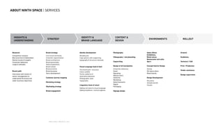 NINTH SPACE | PROJECTS | 2016
ABOUT NINTH SPACE | SERVICES
Research:
Competition analysis
Best practices & tablestakes
Market trends & insights
Consumer behaviour
usage & attitudes
Brand audit:
Interviews with owners &
senior management to
understand the brand and
wider business objectives.
Brand strategy:
Core brand attributes
Customer segmentation
Brand architecture
Brand personality
Value propositions
Brand values
Brand promise
Brand purpose
Story development
Customer journey mapping
Marketing strategy
Wayfinding strategy
Brand engagement
Identity development
Moodboards
Logo options with supporting,
typography & structure rationale
Visual Language (look & feel)
The brand grid / structure
Colour palette
Forms, patterns or
illustrative elements
Photographic style
Typography
Linguistics (tone of voice)
Adding narrative to visual langauge
Adding headlines / tactical taglines
Photography
Videography / storyboarding
Copywriting
Design of all touchpoints:
Corporate stationary
Guest
Operating
Vehicle livery
Uniforms
Marketing
Advertisements
Digital
Packaging
Signage design
Sales offices
Exhibitions,
Retail stores
Restaurants and cafes
Spa’s
Concept Interior Design
Zoning
GA layout plans
Mood boards
Design Development
Key plans
Sample boards
Visuals
Artwork
Guidelines
Technical / CAD
Print / Production
Tender assistance
Design supervision
INSIGHTS &
UNDERSTANDING
IDENTITY &
BRAND LANGUAGE
CONTENT &
DESIGN
ENVIRONMENTS ROLLOUTSTRATEGY
 