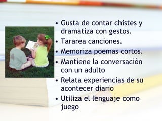 Gusta de contar chistes y dramatiza con gestos. Tararea canciones. Memoriza poemas cortos. Mantiene la conversación con un adulto Relata experiencias de su acontecer diario Utiliza el lenguaje como juego 