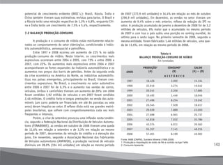 143
potencial de crescimento evidente (BRIC´s,): Brasil, Rússia, Índia e
China também tiveram suas estimativas revistas para baixo. O Brasil e
a Rússia terão uma retração respectiva de 1,3% e 6,8%, enquanto Chi-
na e Índia terão um crescimento de 7,5% e 5,4%, respectivamente.
7.2 BALANÇO PRODUÇÃO-CONSUMO
	 A produção e o consumo de nióbio estão estritamente relacio-
nados ao comportamento do setor siderúrgico, condicionado à indús-
tria automobilística, aeroespacial e petrolífera.
	 Entre 1997 e 2008 ocorreu um aumento de 225 % no saldo
produção-consumo de nióbio. Neste ínterim, os crescimentos mais
expressivos ocorreram entre 2004 e 2005, com 73% e entre 2006 e
2007, com 22%. Os aumentos mais expressivos entre 2004 e 2007
acompanharam as fortes expansões da indústria automobilística e os
aumentos nos preços dos barris de petróleo. Antes da segunda onda
da crise econômica na América do Norte, as indústrias automobilís-
ticas nos países emergentes, principalmente no Brasil, tiveram cres-
cimentos expressivos. No Brasil, o crescimento no setor automotivo
entre 2006 e 2007 foi de 6,3% e o aumento nas vendas de carros,
veículos, ônibus e caminhões tiveram um aumento de 28%: em 2006
foram vendidos 1,92 milhão de veículos e em 2007 foram vendidos
2,46 milhões. O crédito farto e longas prestações na venda das auto-
móveis (um carro poderia ser financiado em até 84 parcelas ou sete
anos) deram impulso ao setor. O reflexo disto está nas grandes metró-
poles brasileiras, que sofrem com congestionamentos cada vez mais
freqüentes e intensos.
	 Porém, a crise de setembro provocou uma inflexão nesta tendên-
cia, segundo a Federação Nacional da Distribuição de Veículos Automo-
tores (FENABRAVE), as vendas em outubro de 2008 tiveram uma queda
de 11,6% em relação a setembro e de 3,3% em relação ao mesmo
período de 2007, decorrentes da retração do crédito e a elevação dos
juros. Em novembro, segundo a Associação Nacional dos Fabricantes
de Veículos automotores (ANFAVEA), a produção nacional de veículos
diminuiu em 28,6% (194 mil unidades) em relação ao mesmo período
de 2007 (272,9 mil unidades) e 34,4% em relação ao mês de outubro
(296,9 mil unidades). Em dezembro, as vendas no setor tiveram um
aumento de 9,4% sobre o mês anterior, reflexo da redução do IPI no
setor. A produção acumulada de janeiro a dezembro de 2008 foi de 3,2
milhões de veículos, 8% maior que o acumulado no mesmo período
de 2007 e com isso o país subiu uma posição no ranking mundial, do
sétimo para o sexto lugar. No primeiro semestre de 2009, segundo a
mesma entidade, foram fabricados 1,46 milhões de veículos, uma que-
da de 13,6%, em relação ao mesmo período de 2008.
Tabela 4
BALANÇO PRODUÇÃO-CONSUMO DE NIÓBIO
Em toneladas
ANOS
PRODUÇÃO1
(A)
CONSUMO2
(B)
SALDO
(A) – (B)
H I S T Ó R I C O
1997 18.426 3.092 15.334
1998 22.916 3.274 19.642
1999 20.241 2.356 17.885
2000 19.492 1.446 18.046
2001 27.496 8.254 19.242
2002 26.545 7.928 18.617
2003 29.939 7.889 22.050
2004 27.698 6.961 20.737
2005 42.818 7.032 35.786
2006 45.574 6.011 39.563
2007 55.357 7.141 48.216
2008 57.201 8.199 49.902
Fonte: AMB (DNPM), Sumário Mineral (1998-2009)
1. Produção e Importação de óxido de Nb e contido na liga FeNb
2. Consumo Aparente
 