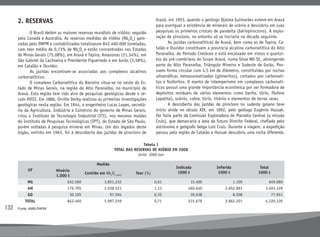 132
Tabela 1
TOTAL DAS RESERVAS DE NIÓBIO EM 2008
Unid: 1000 ton
UF
Medida
Indicada
1000 t
Inferida
1000 t
Total
1000 tMinério
1.000 t
Contido em Nb2
O5 (ton)
Teor (%)
MG 632.560 3.851.232 0,61 15.400 1.100 649.060
AM 179.795 2.038.523 1,13 460.640 2.852.893 3.493.328
GO 30.105 97.504 0,32 39.638 8.208 77.951
TOTAL 842.460 5.987.259 0,71 515.678 2.862.201 4.220.339
Fonte: AMB-DNPM
2. RESERVAS
	 O Brasil detém as maiores reservas mundiais de nióbio, seguido
pelo Canadá e Austrália. As reservas medidas de nióbio (Nb2
O5
) apro-
vadas pelo DNPM e contabilizadas totalizaram 842.460.000 toneladas,
com teor médio de 0,73% de Nb2
O5
e estão concentradas nos Estados
de Minas Gerais (75,08%), em Araxá e Tapira; Amazonas (21,34%), em
São Gabriel da Cachoeira e Presidente Figueiredo e em Goiás (3,58%),
em Catalão e Ouvidor.
	 As jazidas encontram-se associadas aos complexos alcalinos
carbonatíticos.
	 O complexo Carbonatítico do Barreiro situa-se no oeste do Es-
tado de Minas Gerais, na região do Alto Paranaíba, no município de
Araxá. Esta região tem sido alvo de pesquisas geológicas desde o sé-
culo XVIII. Em 1886, Orville Derby realizou as primeiras investigações
geológicas nesta região. Em 1944, o engenheiro Lucas Lopes, secretá-
rio da Agricultura, Indústria e Comércio do governo de Minas Gerais,
criou o Instituto de Tecnologia Industrial (ITI), nos mesmos moldes
do Instituto de Pesquisas Tecnológicas (IPT), do Estado de São Paulo,
porém voltadas à pesquisa mineral em Minas. Um dos legados deste
órgão, extinto em 1963, foi à descoberta das jazidas de pirocloro de
Araxá, em 1953, quando o geólogo Djalma Guimarães esteve em Araxá
para averiguar a existência de minerais de urânio e descobriu em suas
pesquisas os primeiros cristais de pandaíta (báriopirocloro). A explo-
ração de pirocloro, no entanto só se iniciaria na década seguinte.
	 As jazidas carbonatíticas de Araxá, bem como as de Tapira, Ca-
talão e Ouvidor constituem a província alcalino carbonatítica do Alto
Paranaíba, do Período Cretáceo e está encaixado em xistos e quartzi-
tos do pré-cambriano do Grupo Araxá, numa faixa NO-SE, abrangendo
parte do Alto Paranaíba, Triângulo Mineiro e Sudeste de Goiás. Pos-
suem forma circular com 4,5 km de diâmetro, constituídas por rochas
ultramáficas metassomatizadas (glimeritos), cortados por carbonati-
tos e fosforitos. O manto de intemperismo em complexos carbonatí-
ticos possui uma grande importância econômica por ser formadora de
depósitos residuais de vários elementos como barita, tório, fósforo
(apatita), urânio, cobre, tório, titânio e elementos de terras raras.
	 A descoberta das jazidas de pirocloro no sudeste goiano teve
início ainda no século XIX, em 1892, pelo geólogo Eugênio Hussak.
Ele fazia parte da Comissão Exploradora do Planalto Central (a missão
Cruls), que demarcaria a área do futuro Distrito Federal, chefiada pelo
astrônomo e geógrafo belga Luiz Cruls. Durante a viagem, a expedição
passou pela região de Catalão e Hussak descobriu uma rocha diferente.
 