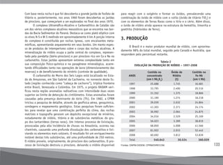 133
Com base nesta rocha é que foi descoberta a grande jazida de fosfato de
titânio e, posteriormente, nos anos 1960 foram descobertas as jazidas
de pirocloro, que começariam a ser exploradas no final dos anos 1970.
	 O complexo Ultramáfico-Alcalino e Carbonatítico de Catalão são
um dos vários complexos alcalinos mesozóicos que se encontra nas bor-
das da Bacia Sedimentar do Paraná. Destaca-se como platô elíptico com
os eixos N-S e W-S medindo em aproximadamente 6 km A porção interna
do complexo é constituída por rochas ígneas, com encaixantes meta-
mórficas, apresentando arqueamento em seus bordos. Um manto espes-
so de produtos de intemperismo cobre o corpo das rochas alcalinas. A
mineralização do nióbio ocupa a parte central do complexo, represen-
tado pela pandaíta (bário-pirocloro) e por pirocloro rico em Ca e Na no
carbonatito. Estas jazidas apresentam extrema complexidade tanto em
sua composição físico-química e na paragênese mineralógica, acarre-
tando dificuldades tanto nas operações de lavra (dimensionamento das
reservas) e de beneficiamento do minério (controle de qualidade).
	 O carbonatito do Morro dos Seis Lagos está localizado no Esta-
do do Amazonas, em São Gabriel da Cachoeira, no noroeste deste Es-
tado (região conhecida como “cabeça de cachorro”), tríplice fronteira
entre Brasil, Venezuela e Colômbia. Em 1975, o projeto RADAM veri-
ficou nesta região anomalias radioativas com intensidade duas vezes
superior ao limite de detecção do cintilômetro. Estas anomalias foram
causadas pela presença dominante do tório (Th). Em 1982, a CPRM
iniciou a pesquisa de detalhe, através da geofísica aérea, geoquímica,
sondagens e mapeamento geológico. Estas pesquisas foram suficien-
tes para revelar que uma combinação perfeita do clima, das rochas
matrizes e topografia geraram um depósito excepcional de minérios,
notadamente de nióbio, titânio e de substâncias metálicas do gru-
po dos lantanídeos (terras raras). Um intenso processo de lixiviação,
provocadas pela alta incidência de chuvas na Amazônia, ocorreu nas
chaminés, causando uma profunda dissolução dos carbonatitos e lixi-
viando os elementos mais solúveis. O resultado foi um enriquecimento
notável destas três substâncias, até uma profundidade de 250 metros.
O nióbio proveio, originalmente, do pirocloro dos carbonatitos. O pro-
cesso de lixiviação destruiu o pirocloro, deixando o nióbio disponível
para reagir com o oxigênio e formar os óxidos, prevalecendo uma
combinação do óxido de nióbio com o rutilo (óxido de titânio TiO2
) e
com os elementos de Terras Raras como o ítrio e o cério. Além disso,
o óxido de nióbio ainda aparece na estrutura da hematita, limonita e
goethita (hidróxidos de ferro).
3. PRODUÇÃO
	 O Brasil é o maior produtor mundial de nióbio, com aproxima-
damente 98% do total mundial, seguido pelo Canadá e Austrália, que
respondem pelo percentual restante.
Tabela 2
EVOLUÇÃO DA PRODUÇÃO DE NIÓBIO – 1997-2008
ANOS
Contido no
concentrado
(em t Nb2
O5
)
Óxido de
Nióbio
(t)
Contido na
Fe-Nb
(em t Nb)
1997 25.688 1.745 16.681
1998 33.795 2.400 20.516
1999 31.352 1.375 18.866
2000 31.190 1.274 18.218
2001 39.039 2.632 24.864
2002 41.303 2.371 24.174
2003 36.992 2.064 24.875
2004 34.016 2.529 25.169
2005 56.023 3.399 38.819
2006 68.850 4.008 41.566
2007 81.922 2.915 52.442
2008 60.692 3.812 53.839
Total 540.643 30.524 360.029
Fontes: DNPM-DIDEM, CPRM/DIRECOM.
 