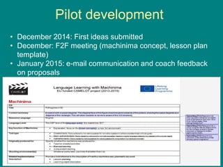 Pilot development
• December 2014: First ideas submitted
• December: F2F meeting (machinima concept, lesson plan
template)
• January 2015: e-mail communication and coach feedback
on proposals
 