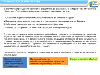 Отношение към обученията

 В резултат на проведените регионални срещи може да се заключи, че интересът към обученията в
 сферата на образованието като цяло е преминал към един по-зрял етап.


 Отминало е първоначалното емоционално очакване за случване на чудеса.
 Възникнали са критерии за качество - и по отношение на съдържанието, и на формата.
 Избистрени са най-полезните за професионалната сфера теми.
 Появила се е потребност от по-осъзнат, обоснован и интегрален подход.


 В следствие на нереалистични очаквания за незабавни промени и разочарование от проведени
 обучения при част от целевата група се забелязва отлив и нежелание да се участва в обучения.
 Икономическата криза, а и допълнителната психоза, създадена от медиите относно ситуацията в
 страната, също са допринесли за това – наблюдава се свиване не само в бюджетите, но и като цяло
 на нагласите към активност. Обученията са точно перото от разходите, за което има създадена
 минималистична нагласа “когато остане – тогава”.


 Спонтанните асоциации, свързани с обученията са главно позитивни и могат да се обобщят в
 няколко групи:

 Новост, нови знания       Общуване, запознанства                   Спомени за конкретни обучения
 Предизвикателство/а       Разнообразие, развлечение, удоволствие
 Обмен на информация       Бягство от ежедневния ход на живота
 Усъвършенстване


                                                                                             7
 